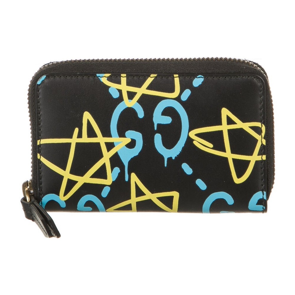 Gucci Ghost Card Case Zip Around Wallet in Graffiti Black Leather Monogram -COA